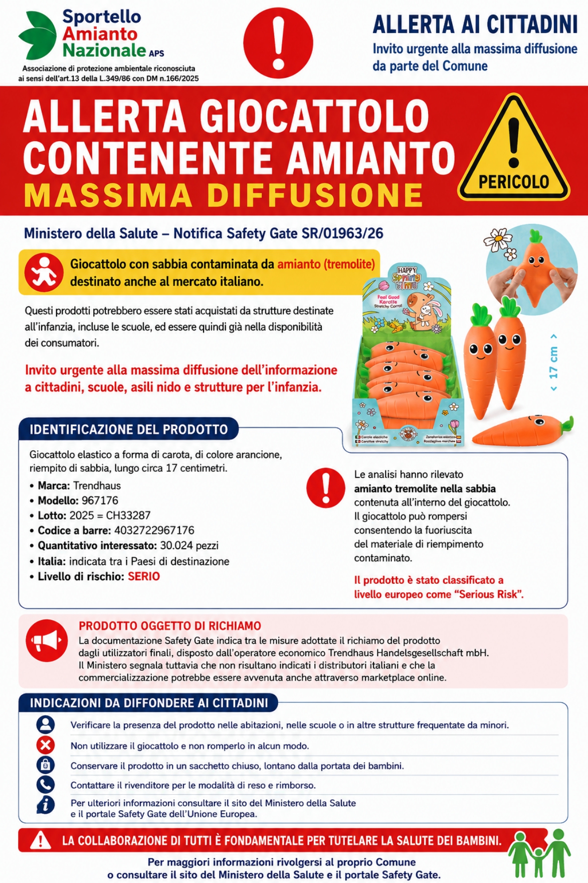 locandina richiamo giocattolo per presenza di amianto